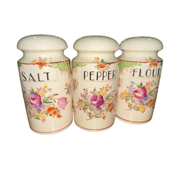 Antique Handpainted Japanese Spice Jar Set: Floral Design Salt, Pepper, Flour - Picture 3 of 8